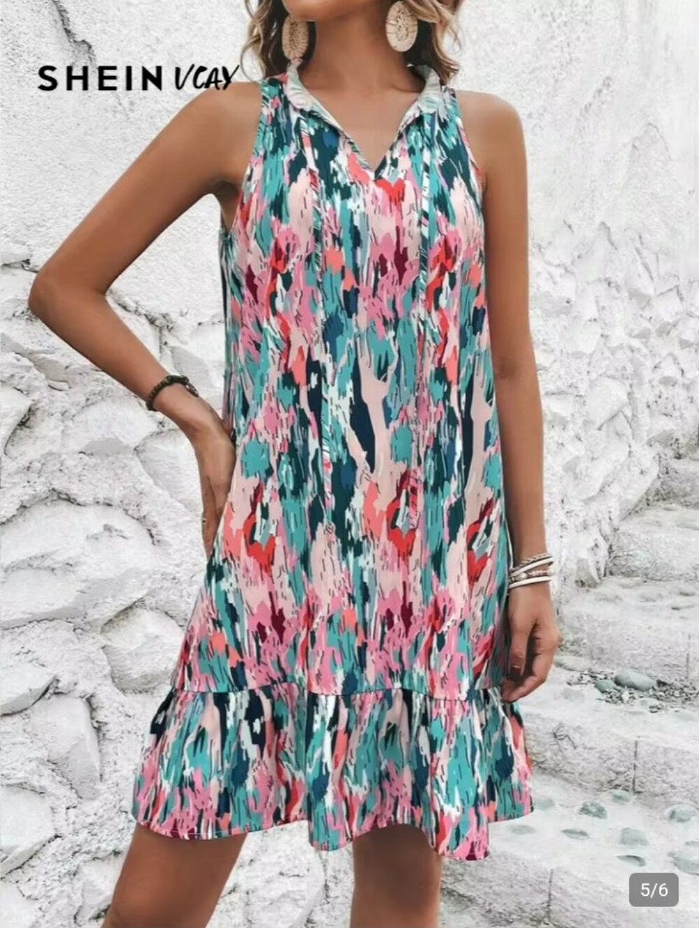 SHEIN Teal Coral Pink & Navy Printed Midi Dress